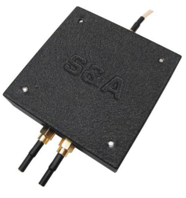 Square black RF module labeled 'GSA' with two gold SMA connectors and a short lead attached at one edge.