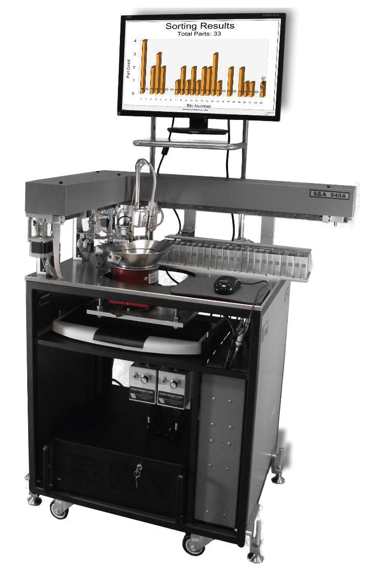 Automated laboratory instrument on a wheeled cart with a monitor displaying a bar chart titled 'Sorting Results' and 'Total Parts: 33'.