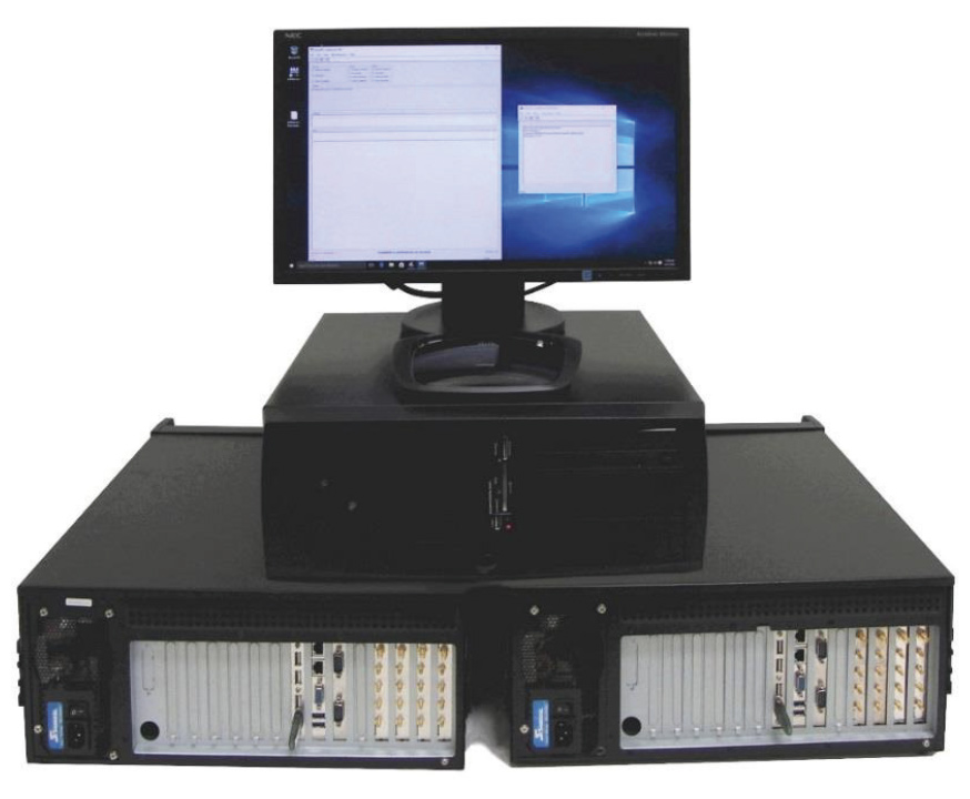 Dual-server chassis with a flat-panel monitor on top, showing Windows desktop on both screens for system administration.